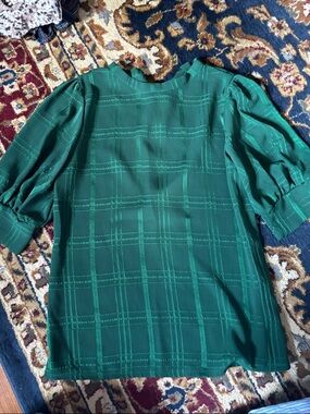 SHEIN Emerald Green Plaid Puff-Sleeve Blouse